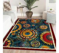 Tapis d’Espace 160x230cm Rugs Lavable Vintage de Style Ethnique Tapis Fin pour Salon Chambre Salle à Manger Motif Cercles Floraux Bleu Marine Vintage Moquette de Sol
