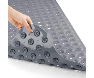 Tapis de bain antidérapant, extra long, 100 x 40 cm, gris, avec ventouses et trous de drainage
