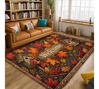 Tapis de bienvenue rustique et confortable, motif nichoirs et feuilles d'automne marron à poils courts en éponge pour salon, chambre à coucher, couloir, bureau, 1,5 x 2,1 m