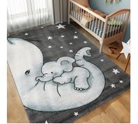 Tapis de chambre d'enfant éléphant et étoiles Gris-Blanc-Bleu - CARPETTEX - 80x150 cm - Synthétique - Enfant