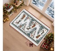 Tapis de couloir de Noël avec traîneau de rennes d'hiver 2 x 3 | Paysage de forêt d'hiver, tapis de couloir d'entrée, illustrations de traîneau, motifs de pin, décoration saisonnière