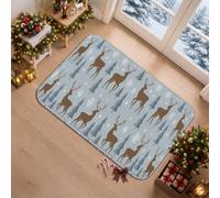 Tapis de couloir de Noël sur le thème de la forêt de rennes d'hiver 2 x 3 | Arbres à feuilles persistantes stylisées, tapis de couloir, motifs géométriques flocon de neige, atmosphère sereine et forêt