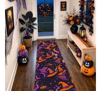 Tapis de couloir fantaisie, chapeaux de sorcière, balais festifs, symboles magiques d'Halloween, violet, tapis rectangulaire à poils courts en éponge douce résistante aux taches pour cuisine, couloir