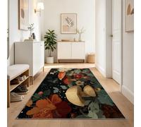 Tapis de Couloir Fantaisie Forêt Fleurs Plante Champignons Feuilles 80 x 150 cm, Tapis de Passage pour Cuisine Salon Chambre Balcon Entrée Interieur, Antidérapant et Lavable Tapis pour Buanderie, Noir