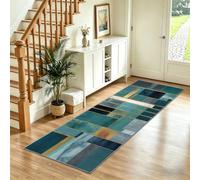 Tapis de Couloir Long 60x240 cm à Motif Abstrait Lignes Rectangles, Antidérapant et Lavable en Machine Tapis Rétro Géométrique de Sol Doux Poil Ras pour Entrée Salon Cuisine Bureau, Bleu