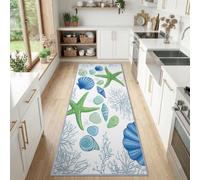 Tapis de Couloir Marin Aquarelle Naturel Frais Antidérapant 60 x 180 cm | Tapis de Passage Étoile de Mer Verte Coquillages Bleus Algues Lavable pour Salon Kitchen Chambre Enfantscente Lit