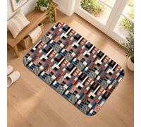 Tapis de couloir moderne avec blocs géométriques 2 x 3 | Blocs géométriques modernes, tapis de chevet, segments rayés abstraits, tons bleu marine et terre cuite sophistiqués
