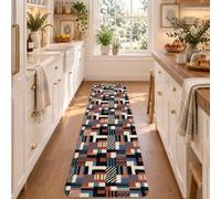 Tapis de couloir moderne avec blocs géométriques 2 x 6 | Blocs géométriques modernes, tapis de chevet, segments rayés abstraits, tons bleu marine et terre cuite sophistiqués