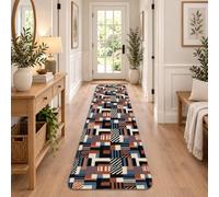 Tapis de couloir moderne avec blocs géométriques 2 x 8 | Blocs géométriques modernes, tapis de chevet, segments rayés abstraits, tons bleu marine et terre cuite sophistiqués