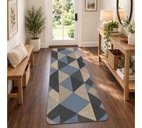 Tapis de couloir moderne avec triangles géométriques 2 x 5 | Motif géométrique contemporain, tapis de couloir, palette bleue et grise discrète, pierre texturée et détails rayés
