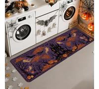 Tapis de couloir pour maison hantée, citrouilles fantaisistes, chauve-souris, Halloween, violet, à poils ras du cou, tapis rectangulaire doux et résistant aux taches pour cuisine, entrée, chevet