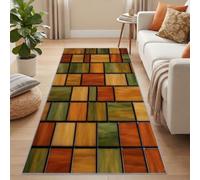 Tapis de Couloir Retro Lavable 50 x 150 cm, Antidérapant Poils Courts Brun Clair Tapis de Passage Cuisine Paillassons, Géométrique Carreaux Blocs Couleur Tapis de Chambre pour Devant Évier