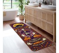 Tapis de couloir squelette festif fantaisie, fantôme, citrouilles, Halloween, violet, à poils ras - Tapis de sol rectangulaire pour cuisine, entrée, buanderie, décoration de chevet, 0,6 x 1,8 m