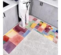 Tapis de Cuisine 2 pièces Aquarelle Art Abstrait Absorbante, Coloré Tapis de Sol Assemblage De Blocs De Couleur Antidérapante Pliable, pour Cuisine Salle à manger Buanderie Couloir 50x80cm+50x150cm