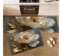Tapis de Cuisine 2 pièces Fleurs Réalistes Absorbante, Blanc Tapis de Sol Fleurs De Pivoine Blanches Feuilles Dorées Antidérapante Pliable, pour Cuisine Salle à Manger Buanderie 50x80cm+50x150cm