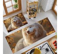 Tapis de Cuisine 2 pièces Réalistes Animaux De Compagnie Absorbante, Blanc Tapis de Sol Samoyède Feuilles d'automne Antidérapante Pliable, pour Cuisine Salle à Manger Couloir 43x75cm+43x150cm