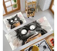 Tapis de Cuisine Dessin Animé Drôle Antidérapant et Anti-Fatigue, Noir Tapis de Sol Chat Noir Tasse À Café 2 Pièces Absorbante, pour Cuisine Salle à Manger Salon Salle de Bain 43x75cm+43x150cm