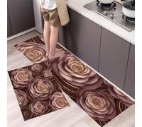 Tapis de Cuisine Fleurs Style Décoratif Antidérapant et Anti-Fatigue, Brun Tapis de Sol Rose Ronde 2 Pièces Absorbante, pour Cuisine Salle à Manger Salon Salle de Bain 50x80cm+50x180cm