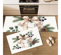 Tapis De Cuisine Lot De 2 Lavable Coffret Cadeau Élégant Peint À La Main | Paillasson Devant D'Évier Antidérapant Plantes De Noël Simples, Absorbant Tapis De Sol Pour Bureau, Blanc, 50X80+50X180Cm