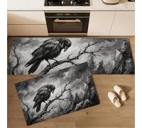 Tapis De Cuisine Lot De 2 Lavable Faune Sombre | Paillasson Devant D'Évier Antidérapant Peinture À L'Huile Du Corbeau Gothique, Absorbant Tapis De Sol Pour Bureau, Gris Anthracite, 50X80+50X180Cm