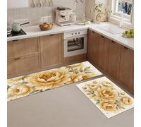 Tapis De Cuisine Lot De 2 Lavable Fleurs Romantiques À L'Aquarelle | Paillasson Devant D'Évier Antidérapant Pivoine Luxueuse Et Raffinée, Absorbant Tapis De Sol Pour Bureau, Jaune, 50X80+50X150Cm