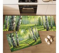 Tapis De Cuisine Lot De 2 Lavable Sentier Naturel En Forêt De Bouleaux | Paillasson Devant D'Évier Antidérapant Paysage Végétal Ensoleillé, Absorbant Tapis De Sol Pour Bureau, Vert, 44X75+44X120Cm