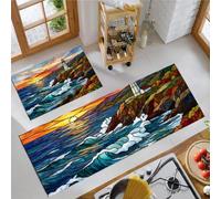 Tapis De Cuisine Lot De 2 Lavable Vue Sur Le Phare En Bord De Mer | Paillasson Devant D'Évier Antidérapant Fenêtre Panoramique Rétro, Absorbant Tapis De Sol Pour Bureau, Bleu Foncé, 50X80+50X180Cm