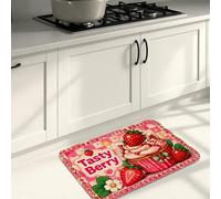 Tapis de cuisine mignon fraise pour sol, motif chat ludique, tapis doux, tapis d'été rembourré confortable, lavable pour cuisine, évier, buanderie, salle de bain, 40,6 x 61 cm