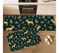 Tapis de Cuisine Noël Lot de 2, 40x60cm+40x120cm | Tapis Devant d'Évier Renne Flocon De Neige, Antidérapant, Lavable, Absorbe l'eau et l'huile pour Buanderie, Évier, Descente de Lit, Vert Foncé
