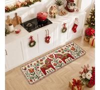 Tapis de cuisine scandinave Dala Horse Art Noël 40,6 x 119,4 cm | Tapis de cuisine artistique scandinave, motifs botaniques floraux, décoration de cuisine d'hiver, accents de sol saisonniers