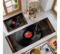 Tapis de Cuisine Style Réaliste Rétro Antidérapant et Anti-Fatigue, Noir Tapis de Sol Musique Tourne-Disque 2 Pièces Absorbante, Pour Cuisine Salle à Manger Salon Salle de Bain 50x80cm+50x150cm