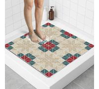 Tapis de douche 70x70 cm, forme carrée, drainage, PVC, loofah, séchage rapide, motif géométrique rouge