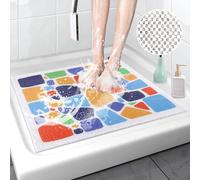 Tapis de Douche Antidérapant 60x60cm | Tapis de Baignoire Carré avec Drainage, Anti Moisissure Tapis de Bain, Luffa PVC Doux pour Salle de Bain, Séchage Rapide (Carré Pierres Colorées, 60 x 60 cm)