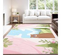 Tapis de Enfant Mignon Ludique Ours Brun Montagne Enneigée Forêt Fleur Ciel Livre Illustré, 40 x 60 cm Tapis Moquette de Chambre à Poils Ras, Paillasson Intérieur - pour Chambre à Coucher de Salon