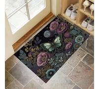 Tapis De Intérieur 50 X 80 Cm - Paillasson D'Intérieur Antidérapant Lavable - Paillasson De Illustrations Fantastiques,Papillons Verts Et Motifs Floraux Pour Entrée Porte Avant Et Arrière,Vert Foncé