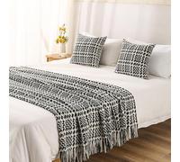 Tapis de Lit Géométrique Tissé avec Pompons Poser Au Pied du Lit | Mélange de Coton, pour Décoration de Chambre à Coucher ou Du Canapé