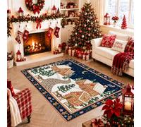 Tapis de Noël en forme de village de pain d'épice 1,2 x 1,8 m | Imprimé village en pain d'épices, paysage de nuit d'hiver, accents de maison de vacances, décoration d'entrée confortable
