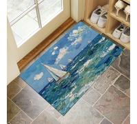 Tapis de Porte, 60 x 90 cm Profil Bas Paysage Marin Abstrait Paillasson Interieur Entree Voiliers Sur La Mer Tapis de Sol Antidérapant Lavable Doux et Pratique pour Entrée, Couloir, Cuisine, Bleu Ciel