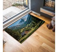 Tapis de Porte d'Entrée 90 x 150 cm Paillasson à Profil Bas Cabane En Rondins De La Vallée Moquette Antidérapant Lavable Paysages De Campagne Alpine Tapis de Sol pour Entrée, Couloir, Chambre, Vert