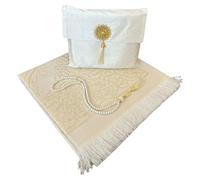 Tapis de prière musulmane et perles avec élégant sac en tissu flammé | Janamaz | Sajadah | Tapis de prière islamique doux | Cadeaux islamiques et Mawlid | Tapis de prière, en tissu taffetas (blanc, 1
