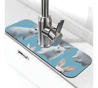 Tapis de robinet absorbant pour évier de cuisine, salle de bain, cuisine, protection anti-éclaboussures, tapis de robinet lapin blanc, 38 x 14 cm