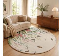 Tapis de Rond à Poils Courts 180cm Rose Glycine Moquette Antidérapant, Lavable Bordure Fleurs Aquarelle Suspendue Tapis de Sol Décoratif Doux et Moelleux pour Salon Descente de Lit Canapé, Vert Frais