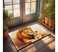 Tapis de salle de bain carré super absorbant, porte amusante, lion et ourson en plein soleil - Tapis d'évier de cuisine/cuisine antidérapant et grande porte d'entrée (50 x 80 cm)