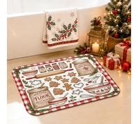 Tapis de salle de bain de Noël sur le thème de la cuisson pain d'épices | Motif pain d'épices, tapis de sol de salle de bain, bordure à carreaux de buffle, motif outils de cuisson
