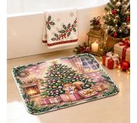 Tapis de salle de bain Écureuil de Noël Pin Tree 50,8 x 81,3 cm | Illustration d'arbre de pin, tapis de sol de salle de bain, boîtes cadeaux, scène de cheminée, décoration d'intérieur