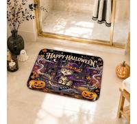 Tapis de salle de bain en forme de chat - Motif citrouilles festives fantaisistes - Balai d'Halloween - Séchage rapide - Tapis de sol absorbant pour salle d'eau, lavabo - 40,6 x 61 cm