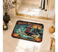 Tapis de salle de bain motif chien sorcier, citrouilles saisonnières, bâton à balai d'Halloween, antidérapant, lavable, pour décoration de sol 40,6 x 61 cm, orange