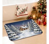 Tapis de salle de bain paysage de cabine d'hiver enneigé de Noël 40,6 x 61 | Scène de paysage d'hiver, tapis de toilette confortable, thème cabane, forêt de pins, décoration d'intérieur saisonnière