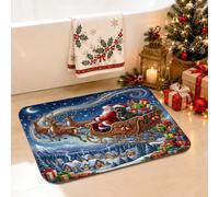 Tapis de salle de bain Père Noël traîneau scène de Noël 40,6 x 61 cm | Illustration de traîneau de renne, tapis de bain, paysage de village d'hiver, texture en flanelle douce