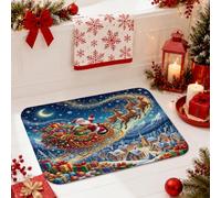Tapis de salle de bain Père Noël traîneau scène de nuit Noël 40,6 x 61 cm | Scène de village d'hiver, tapis de sol de salle de bain, horizon nocturne magique, texture en flanelle douce